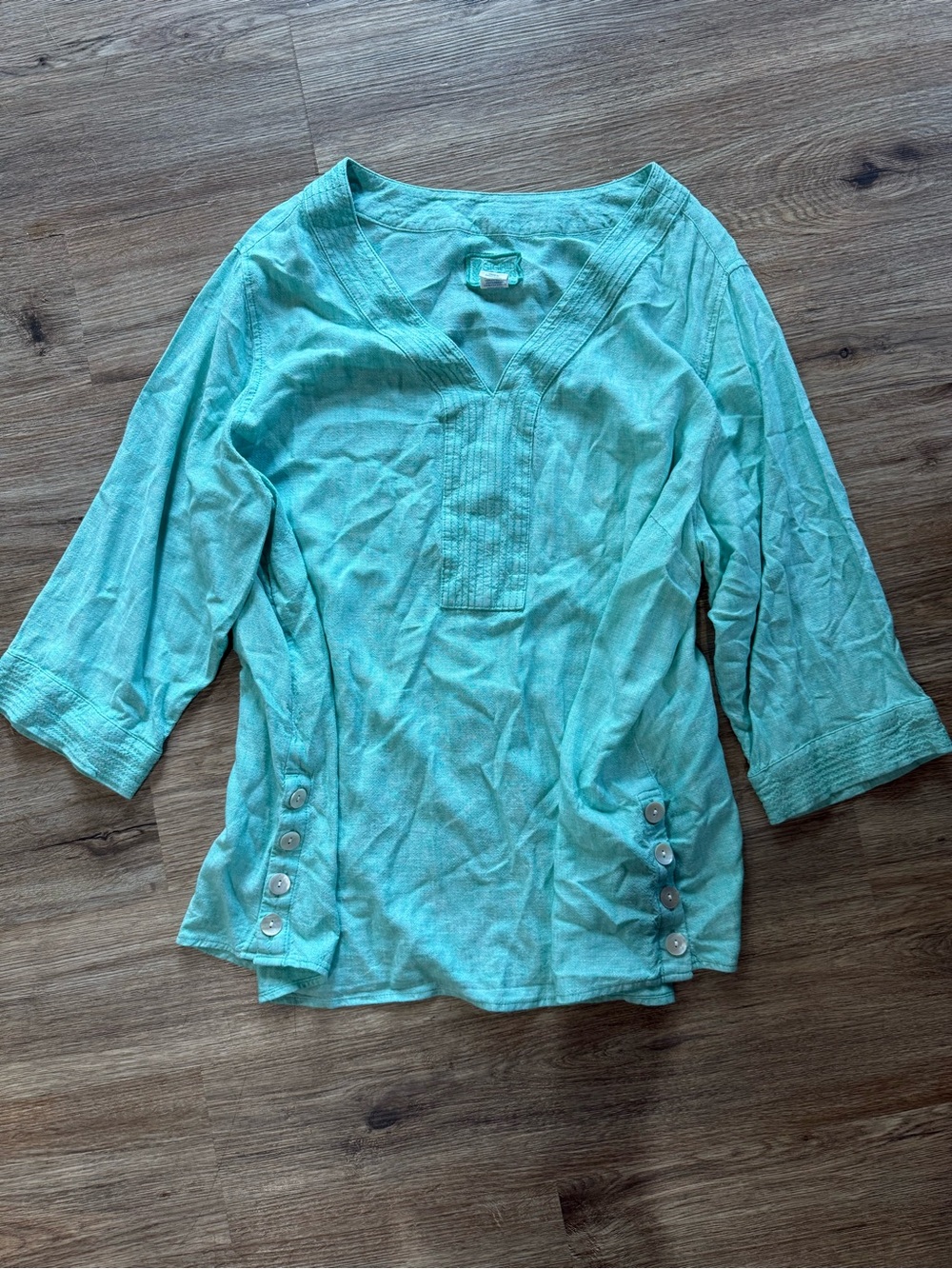 Sigrid Olsen Turquoise V-Neck Button-Trim Tunic